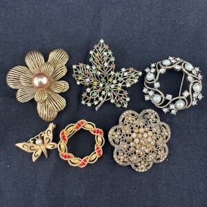 Vintage Brooch Lot Monet JJ Signed Rhinestone Pearl Flower Butterfly Leaf READ